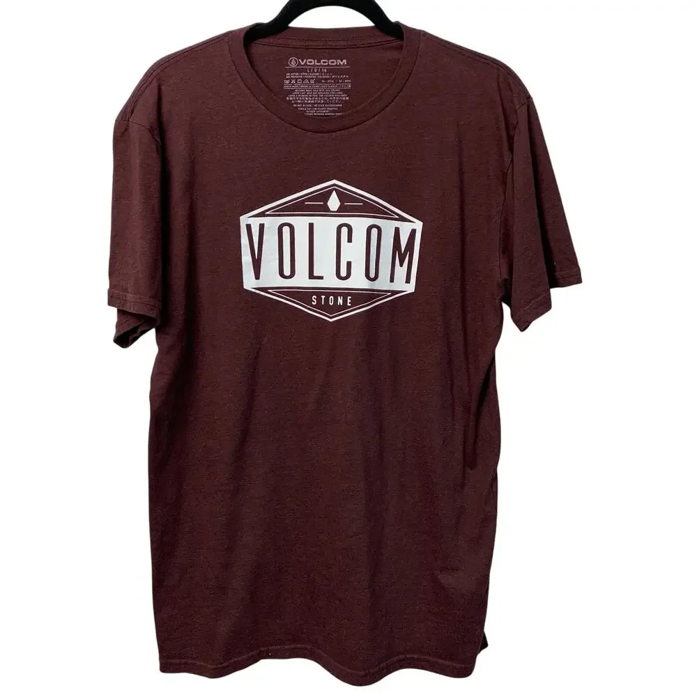 Volcom Stone Boys Sz Large Short Sleeve Logo Spellout Maroon Tee Cotton TShirt